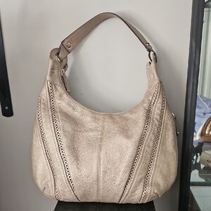 Danier Metallic Taupe Leather Hobo - Neutral Beige With Colorful Print Satin Lin